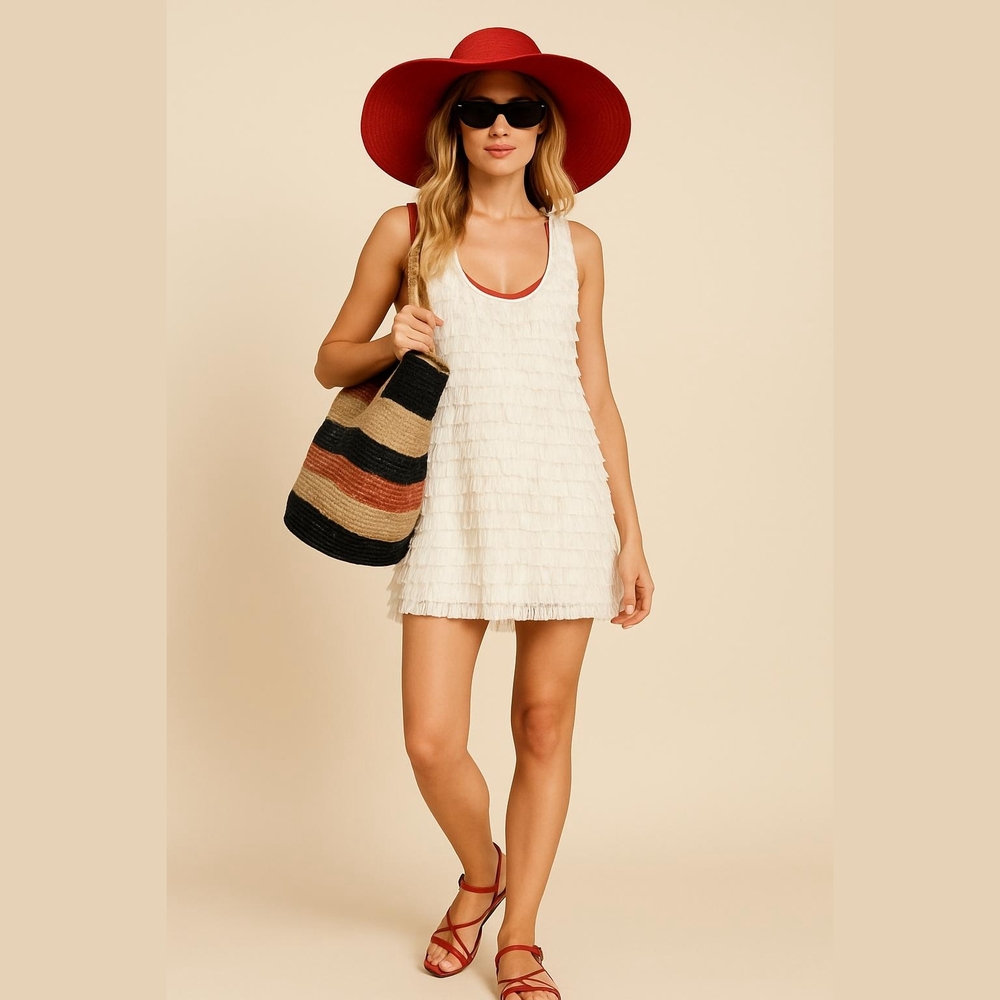 J Valdi Women's White Fringed Mini Dress Swim Cover-Up Size Large